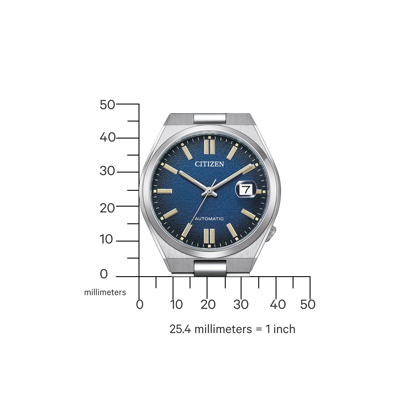 Citizen-Uhr mit blauem Zifferblatt, Automatik, Datumsanzeige und Millimeterskala.