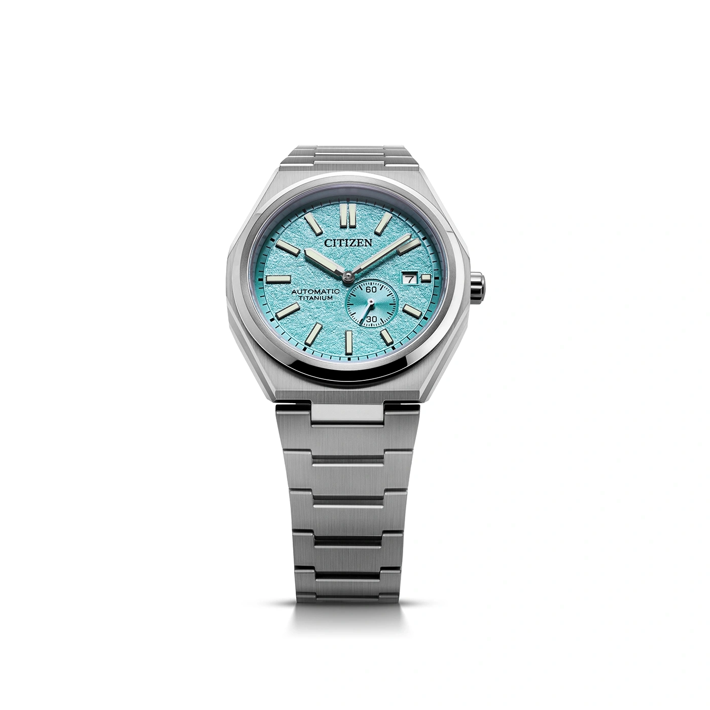 Citizen-Uhr mit türkisfarbenem Zifferblatt und Titanarmband, elegantes Design.