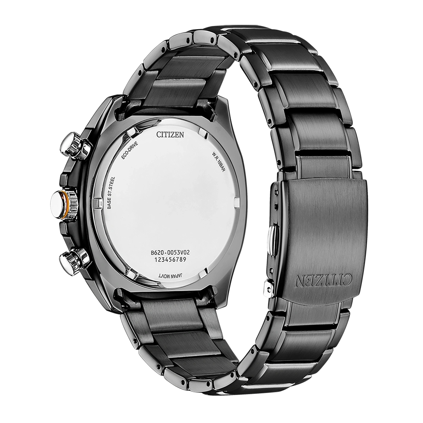 Citizen-Uhr, Rückseite, Eco-Drive, Edelstahl, schwarzes Armband, Nahaufnahme, Details.