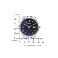 Citizen-Uhr mit dunkelblauem Zifferblatt und silbernem Armband, Eco-Drive-Technologie.