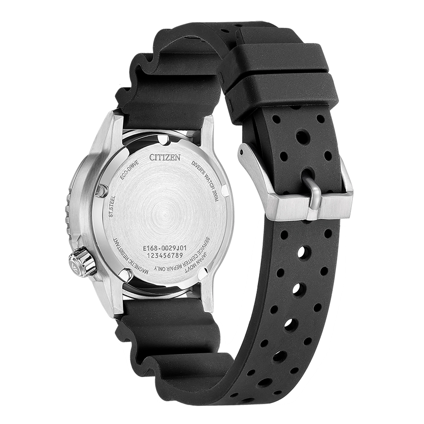 Citizen-Uhrenrückseite mit schwarzem Armband, Eco-Drive, Diver's Watch 200M, ST. STEEL