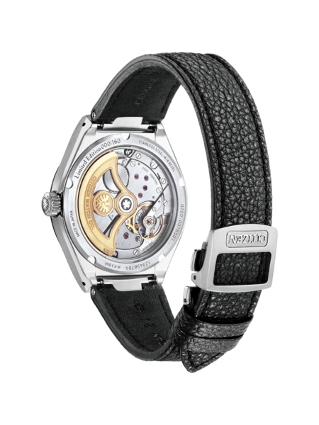 This image shows the transparent caseback of a Citizen watch, revealing its intricate mechanical movement with golden components and ruby jewels. It has a black leather strap with a 'CITIZEN' clasp, against a grey background.