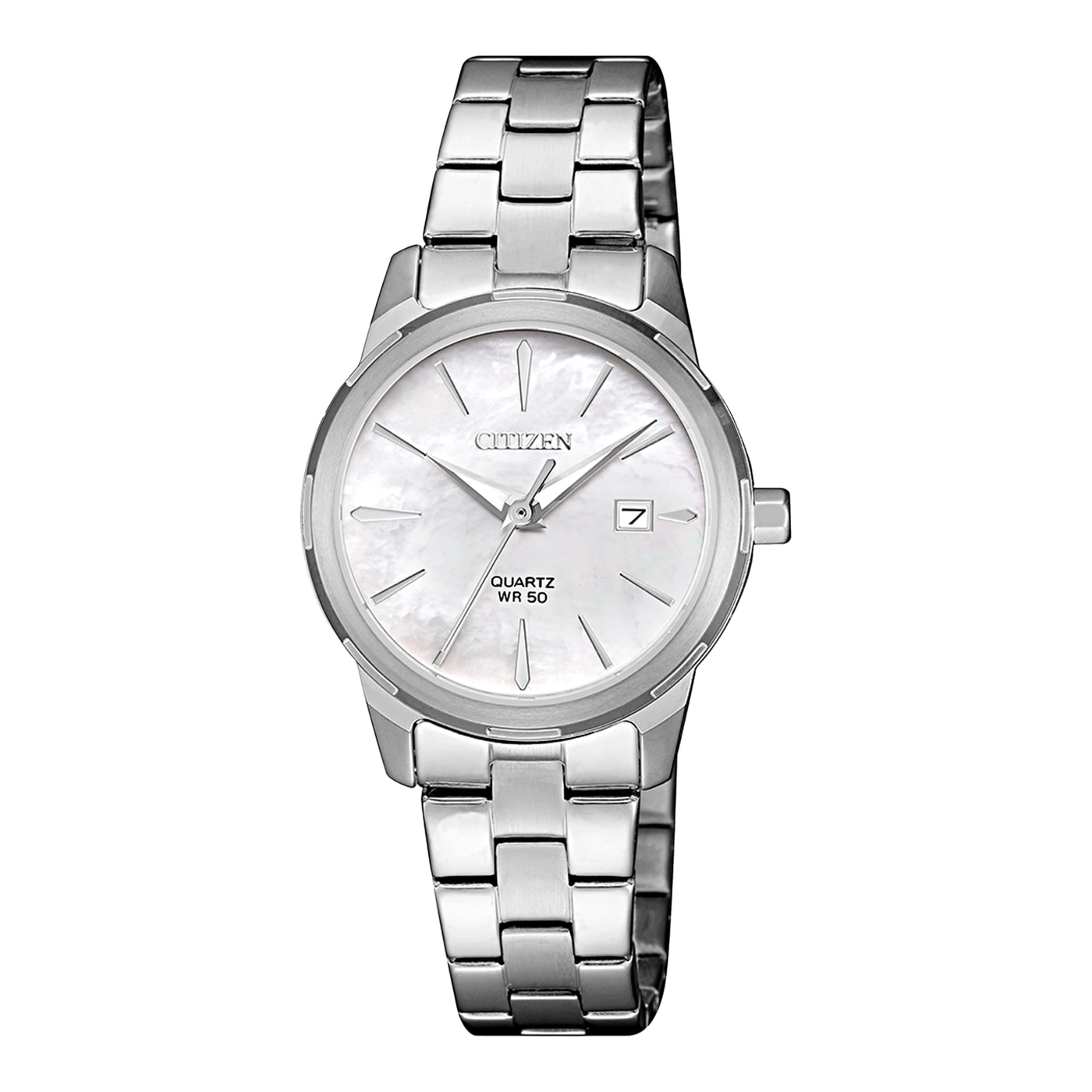 Citizen-Uhr mit silbernem Armband und weißem Zifferblatt, Quarzwerk.