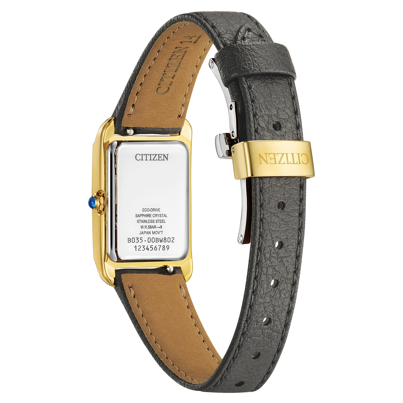Citizen-Uhr, goldfarbenes Gehäuse, schwarzes Lederarmband, Modell B035-00BW802, Saphirkristall.