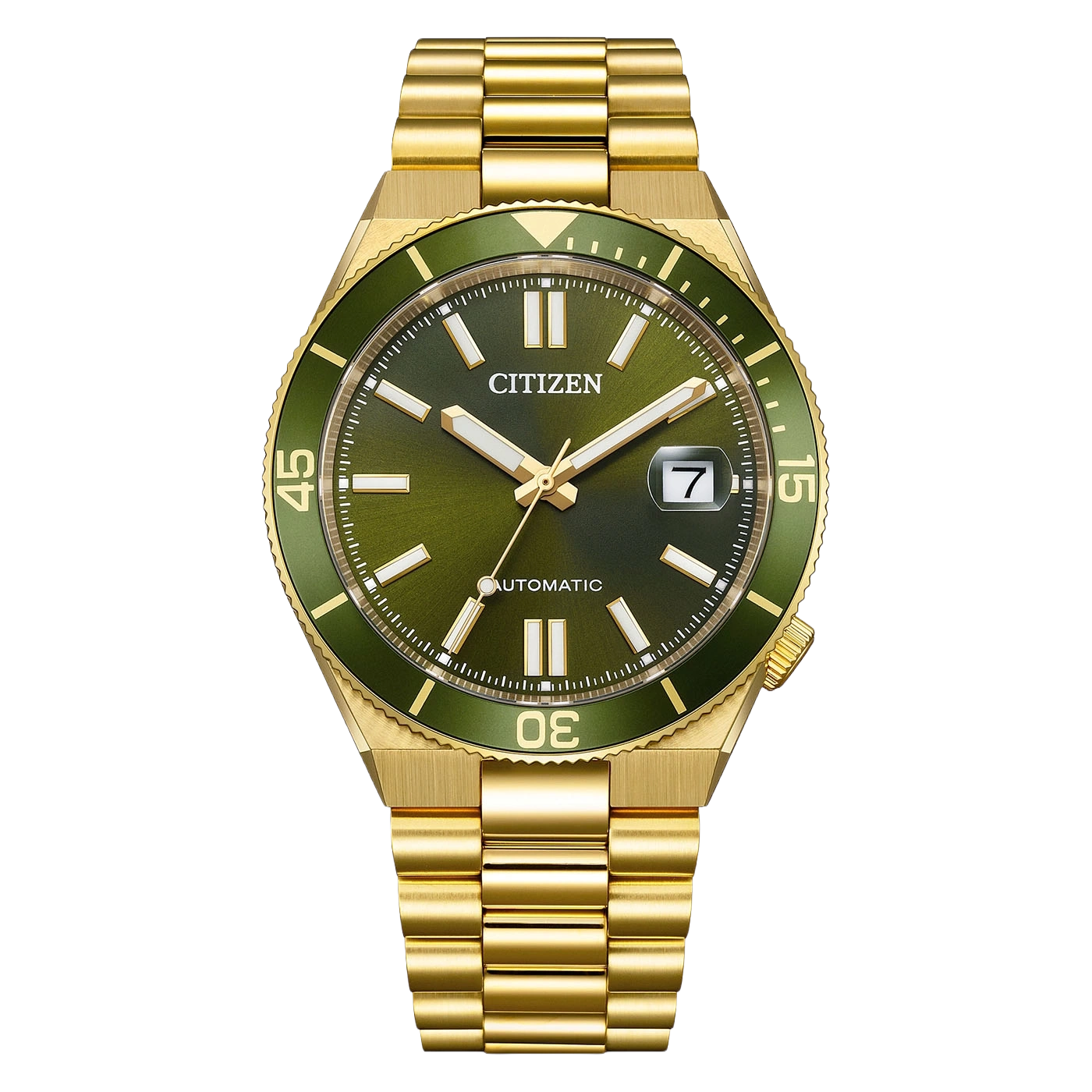 Eine goldene Citizen-Uhr mit grünem Zifferblatt und Lünette.
