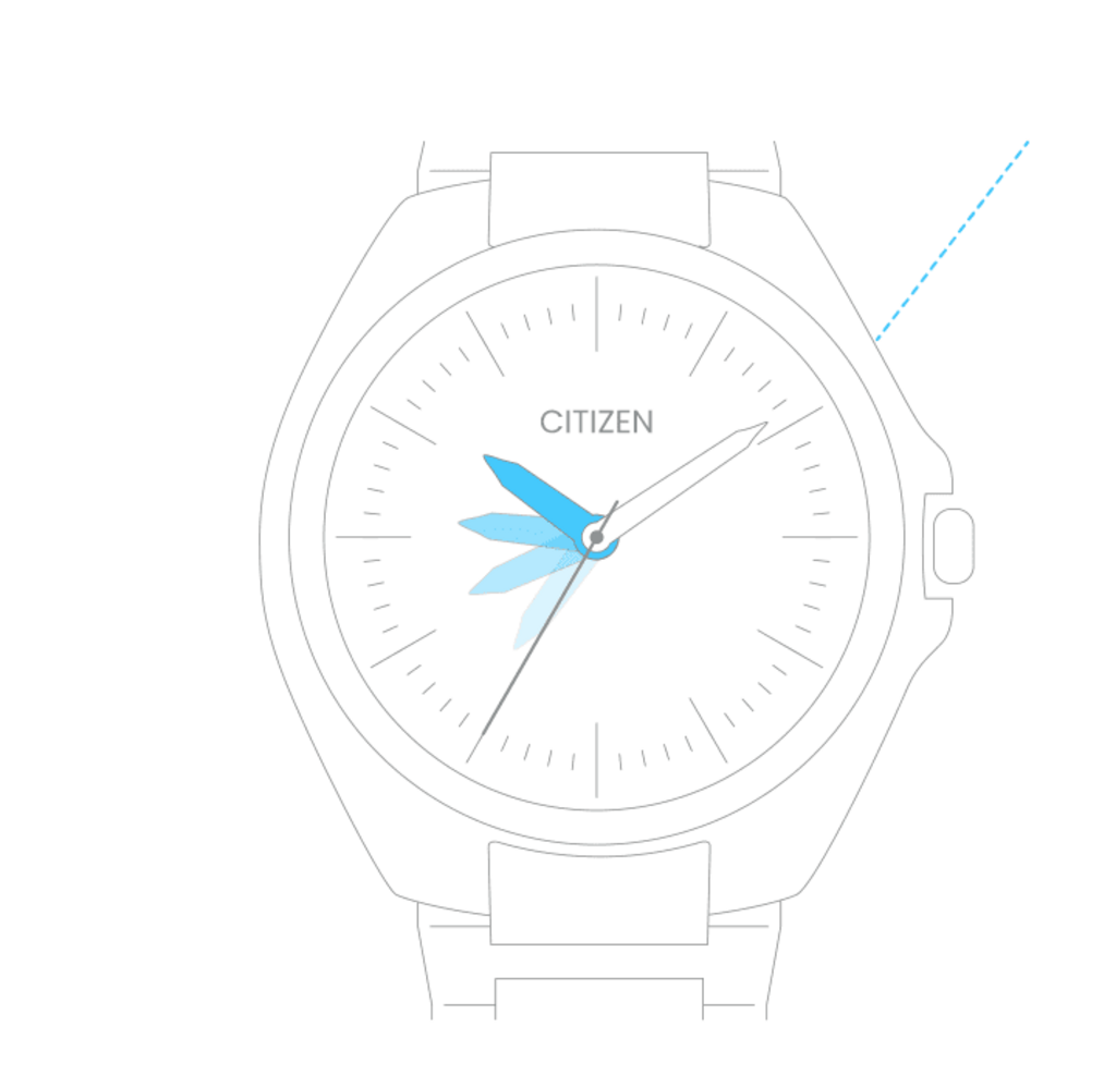 Citizen-Uhr mit blauen Zeigern, die die Zeit anzeigen, minimalistisches Design, weißer Hintergrund