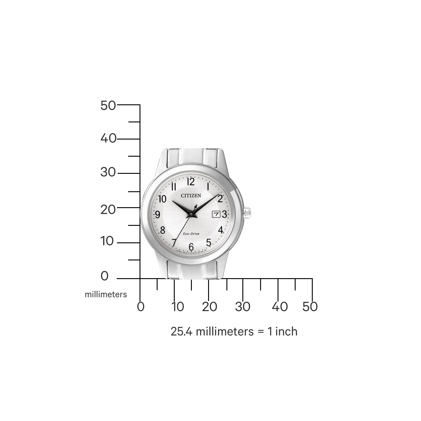 Citizen-Uhr mit weißem Armband, Eco-Drive und Maßstab in Millimetern.