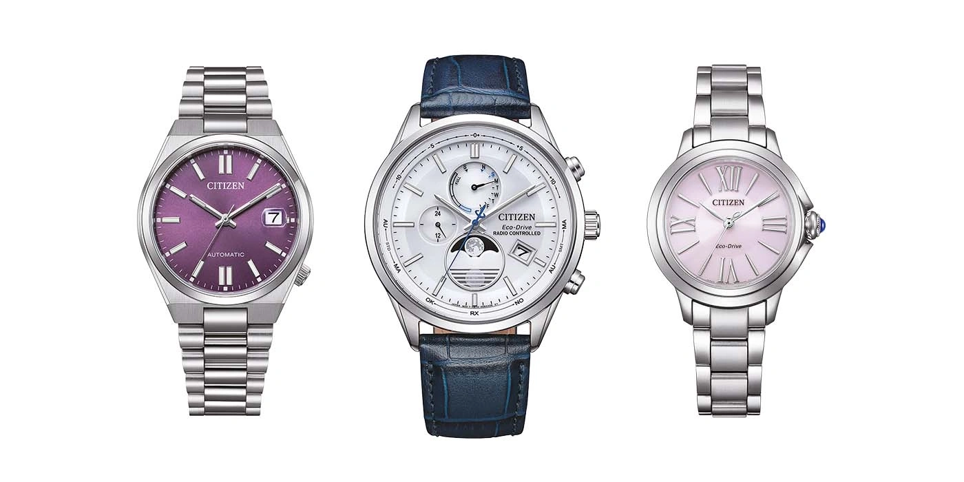Drei Citizen-Uhren: Automatik, funkgesteuert und Eco-Drive, alle mit Metallarmbändern.