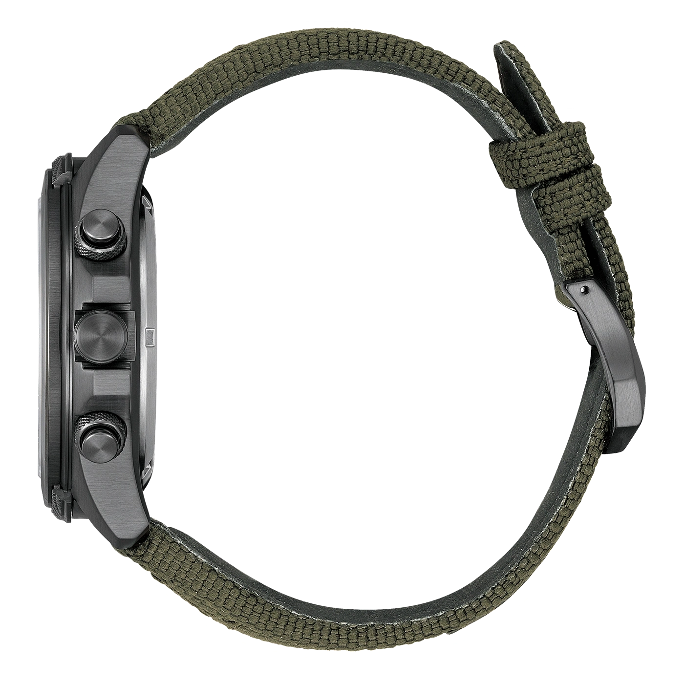 Seitenansicht einer dunklen Uhr mit grünem Stoffarmband.