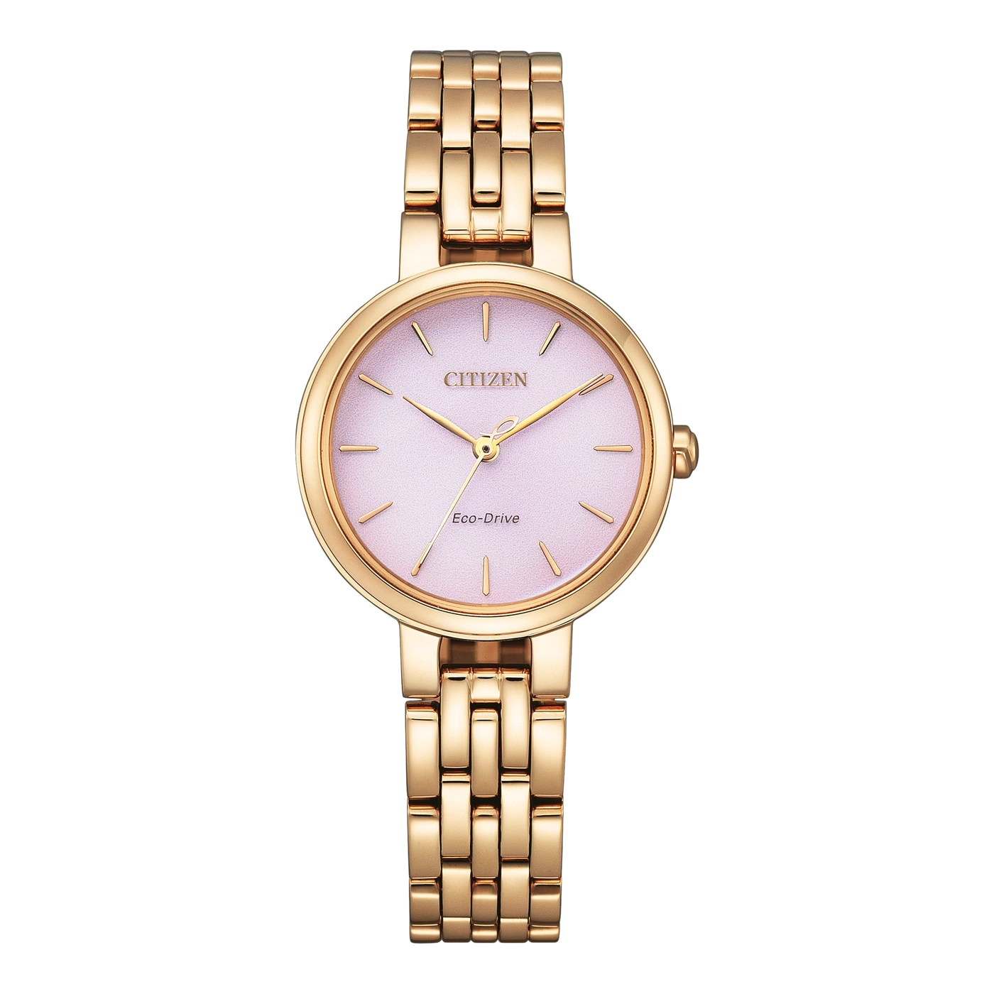 Goldene Citizen-Uhr mit rosa Zifferblatt und goldenem Armband, Eco-Drive-Technologie.