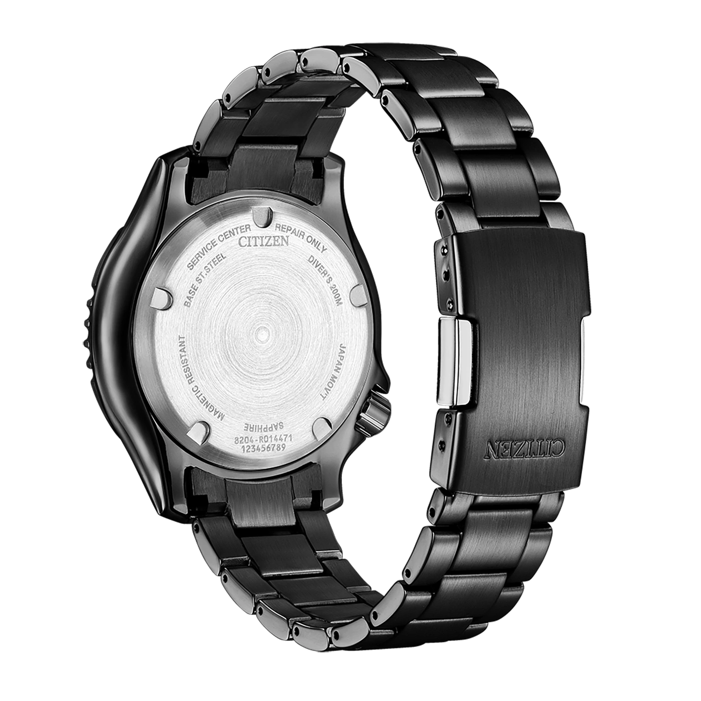 Citizen-Uhrrückseite mit Details: Saphir, magnetisch beständig, Taucher 200m