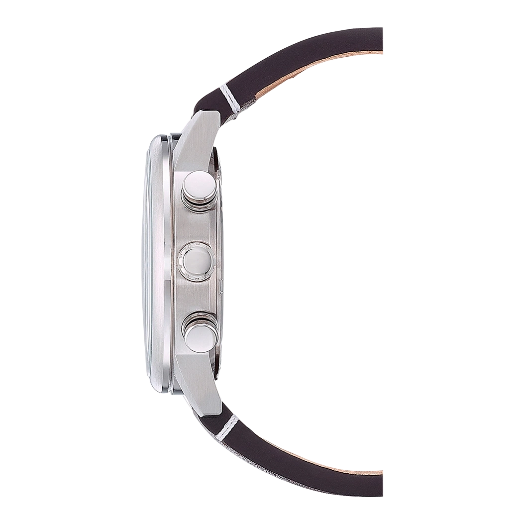 Seitenansicht einer silbernen Uhr mit schwarzem Lederarmband.