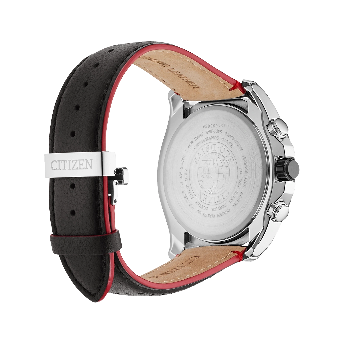 Citizen-Uhr mit schwarzem Lederarmband und roter Auskleidung, Edelstahlgehäuse.