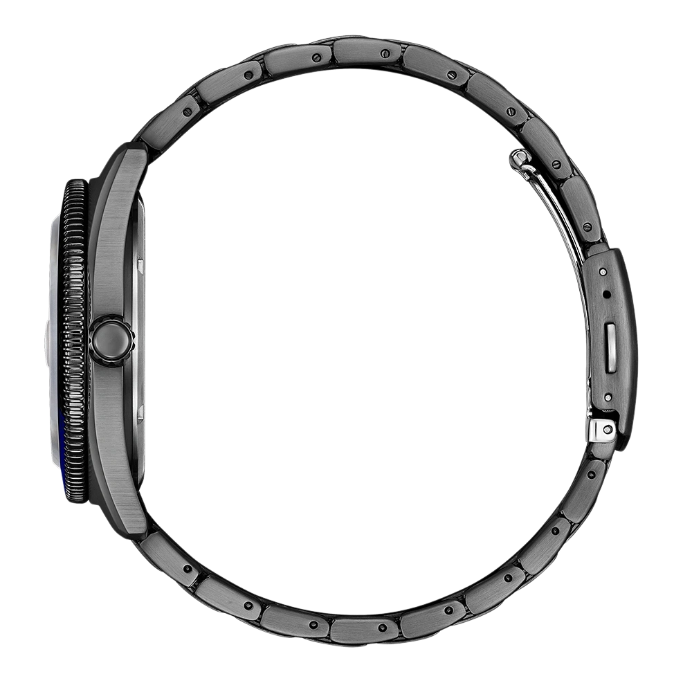Seitenansicht einer dunkelgrauen Uhr mit Metallband und blauen Akzenten.