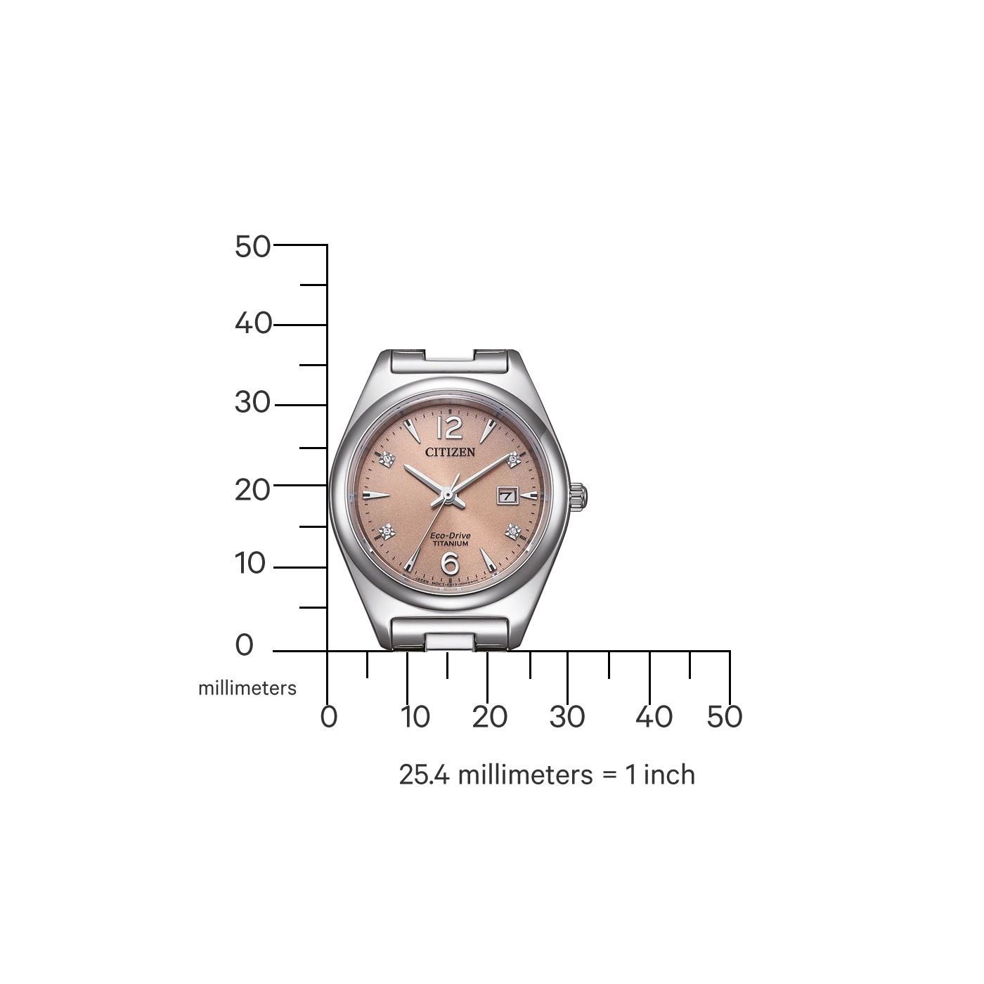 Citizen-Uhr mit Titangehäuse und rosa Zifferblatt, mit Messungen in Millimetern.