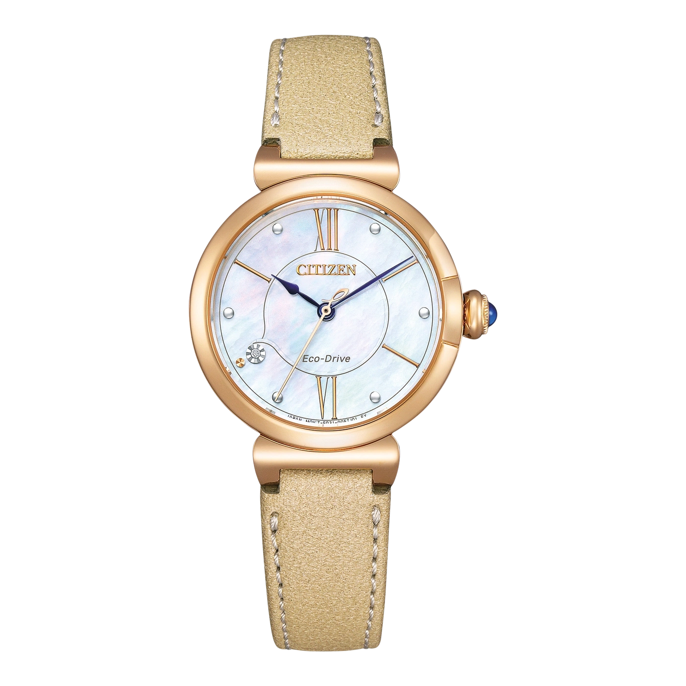 Citizen-Uhr mit goldenem Gehäuse, Perlmuttzifferblatt und beigem Lederarmband.