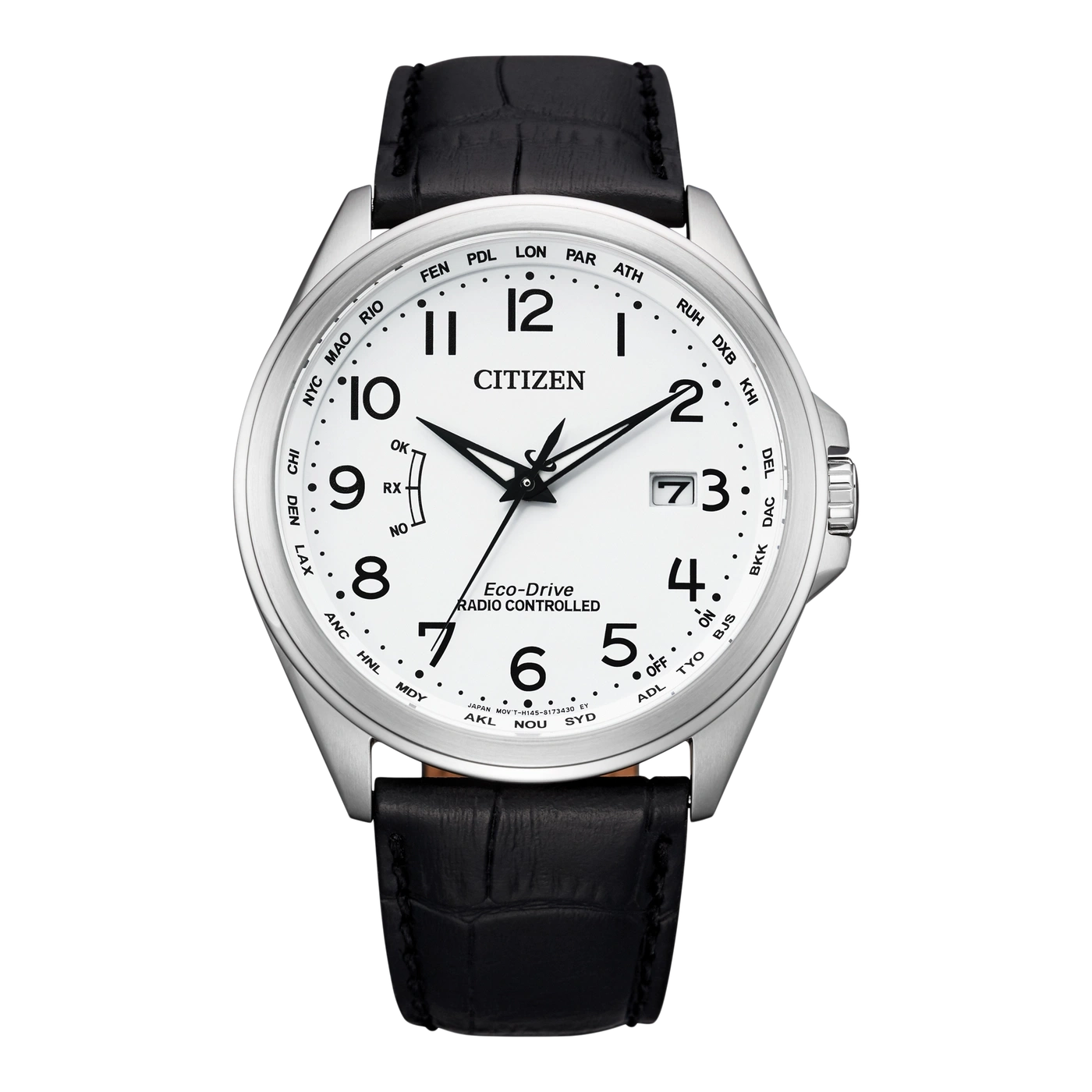 Citizen-Uhr mit schwarzem Lederarmband, weißem Zifferblatt und Zeitzonenanzeigen.