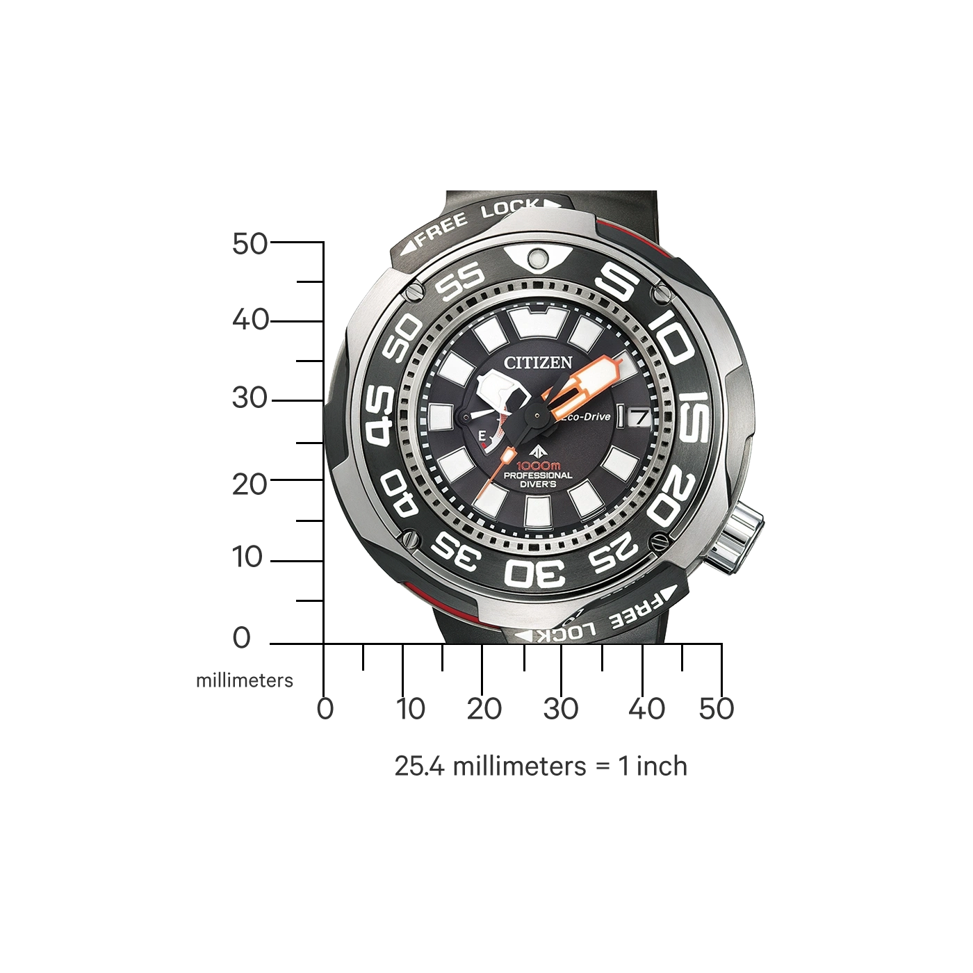 Citizen-Uhr mit schwarzem und silbernem Design, Maßstab und Text 'FREE LOCK'.