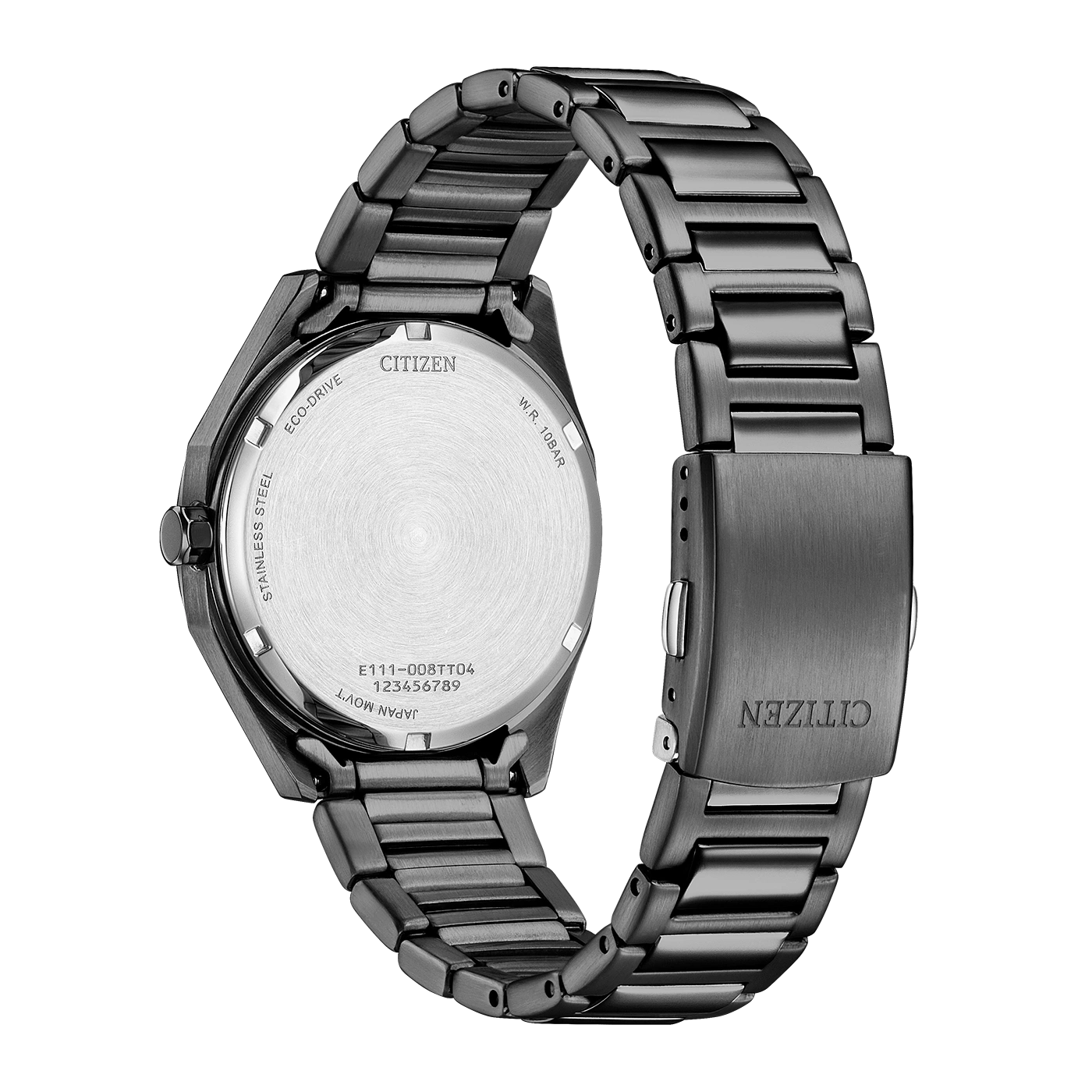 Rückseite einer schwarzen Citizen Eco-Drive Uhr mit Metallarmband.