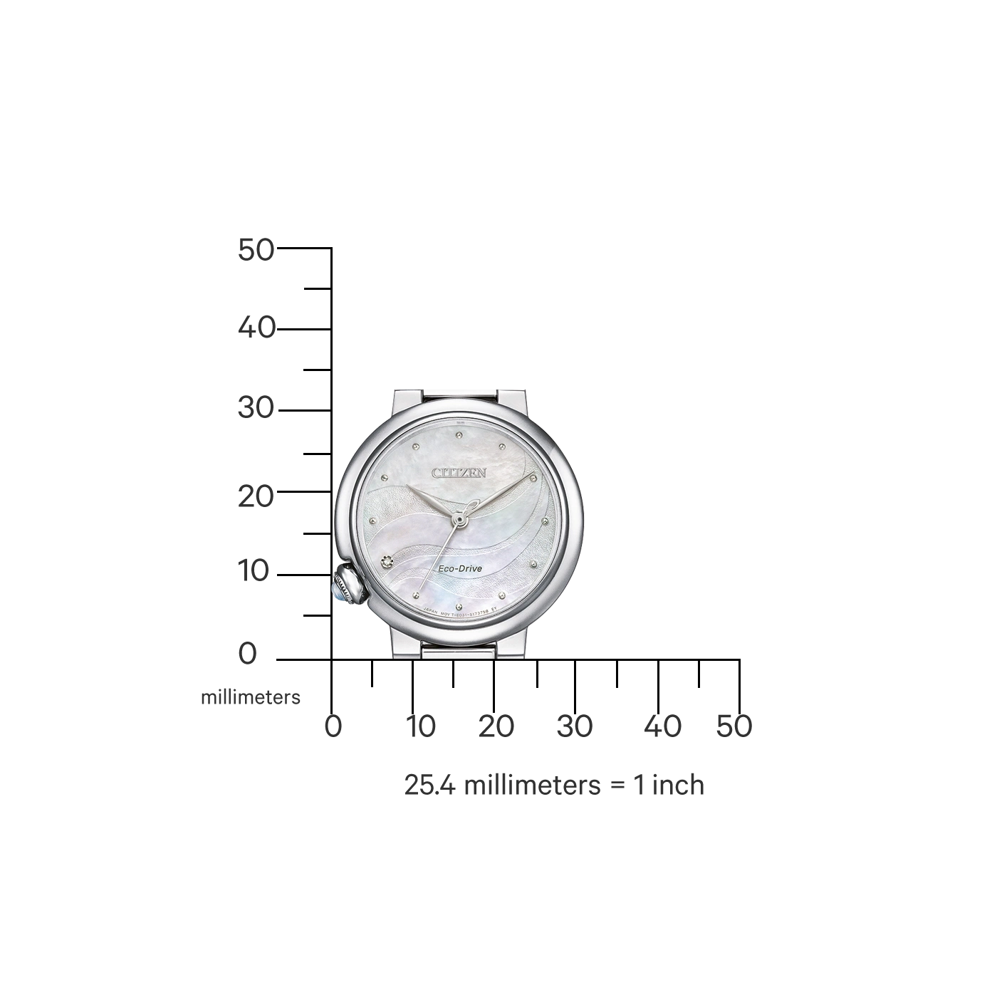 Citizen-Uhr mit Eco-Drive-Technologie, Millimeter- und Zollskala zur Größenbestimmung.