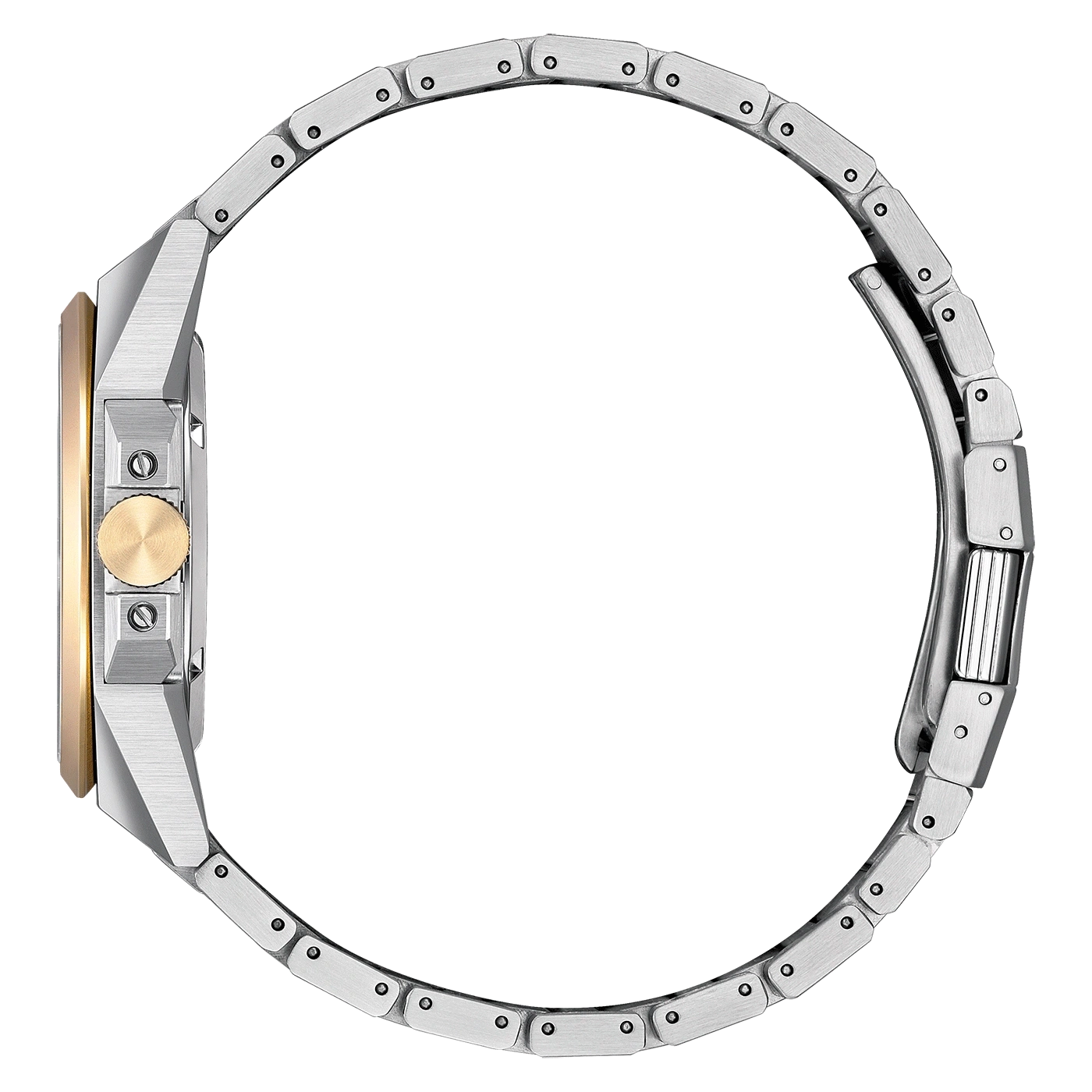 Seitenansicht einer silbernen Uhr mit goldener Lünette und Armband.
