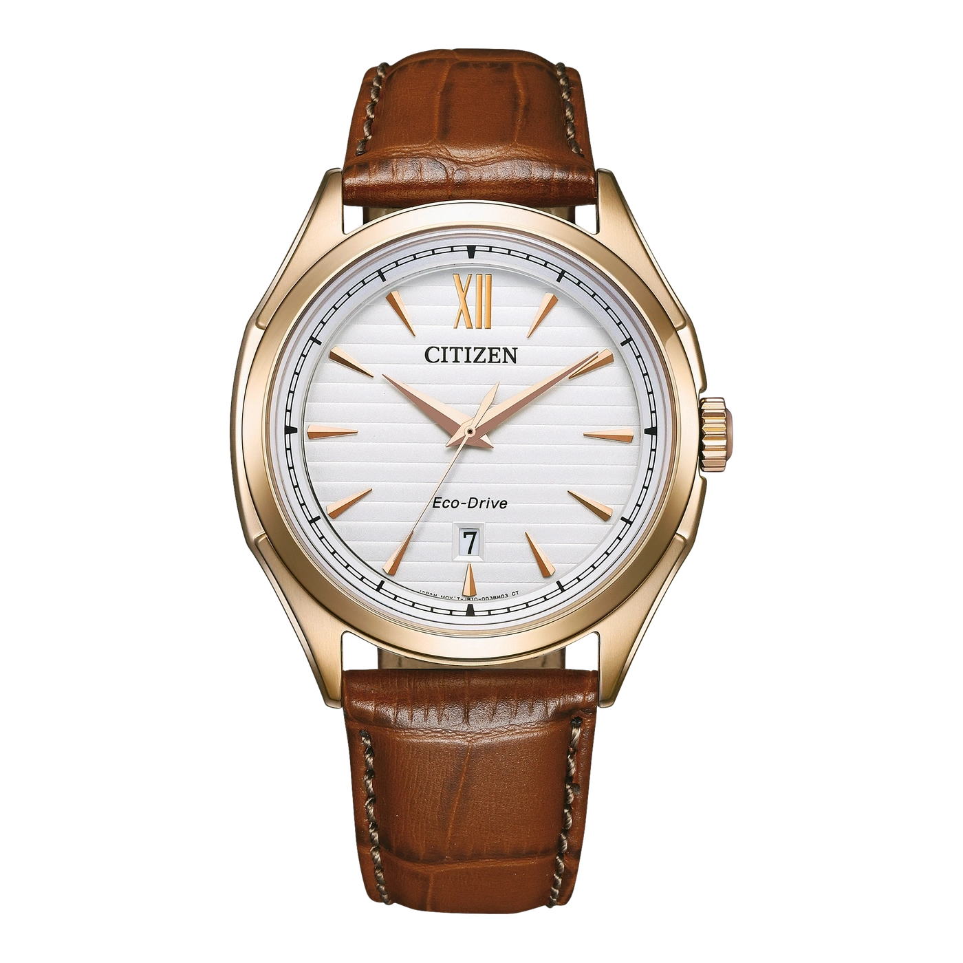 Goldene Citizen-Uhr mit weißem Zifferblatt und braunem Lederarmband.