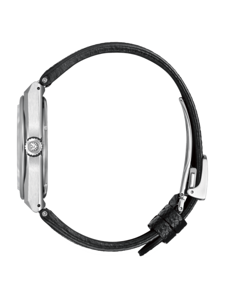 This side-profile image shows a Citizen watch with a silver-toned case, textured crown, and black leather strap with a deployment clasp, on a grey background.