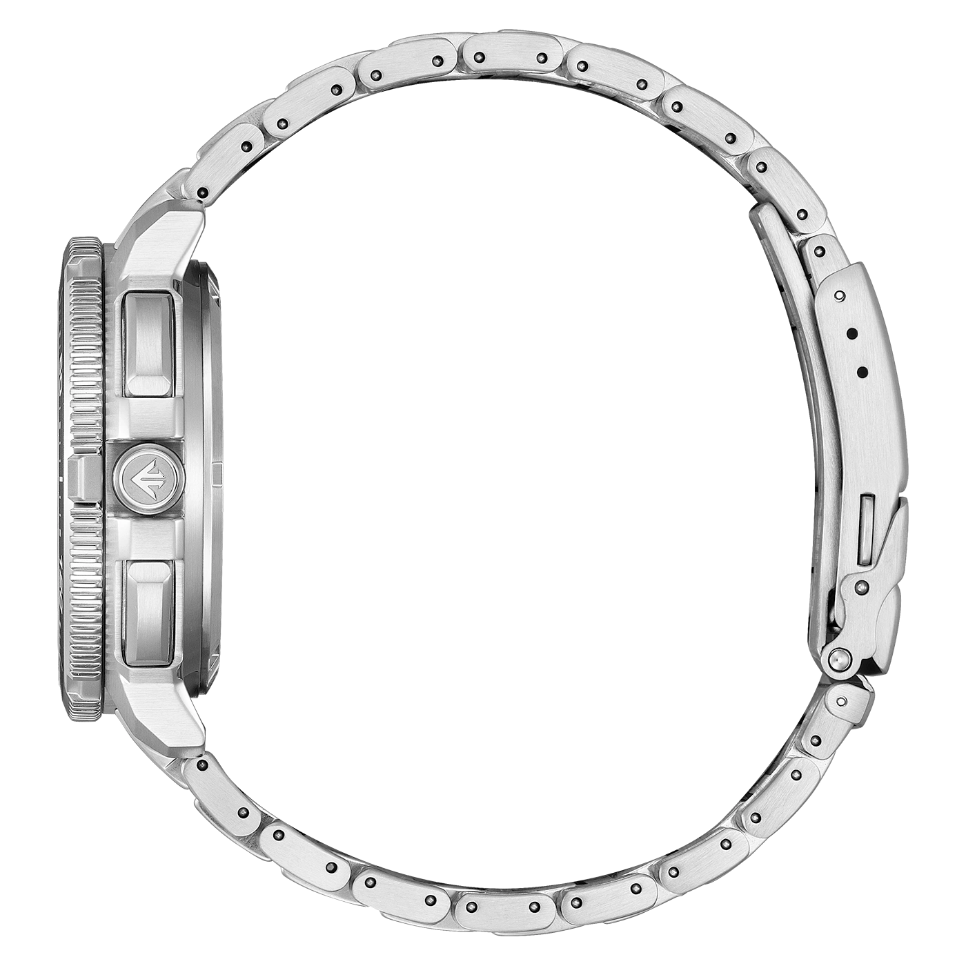 Seitenansicht einer silbernen Uhr mit Metallarmband.