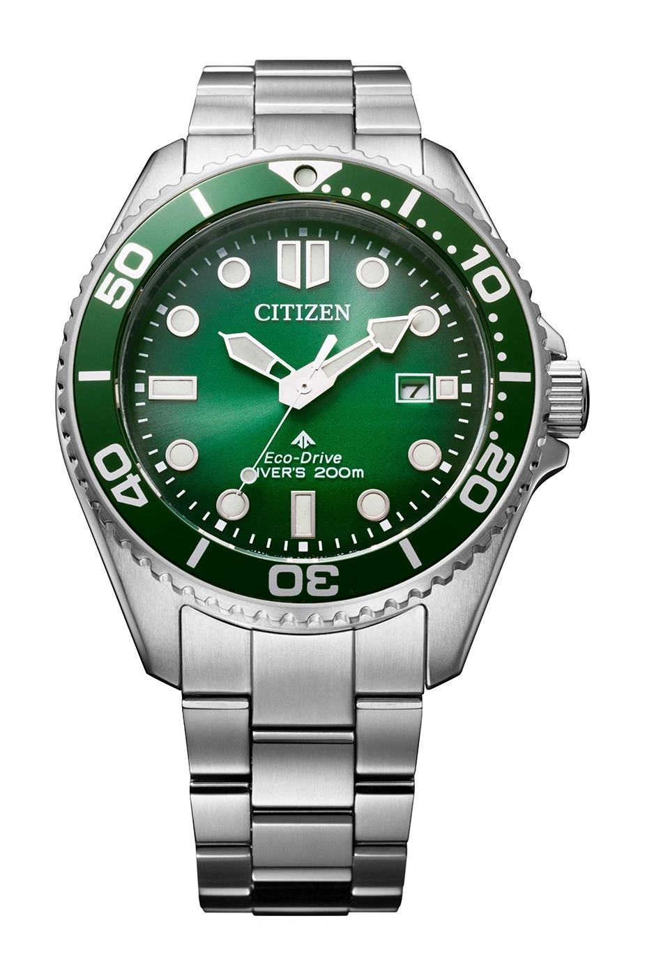 Citizen-Uhr mit grünem Zifferblatt und silbernem Armband, Taucheruhr, Eco-Drive