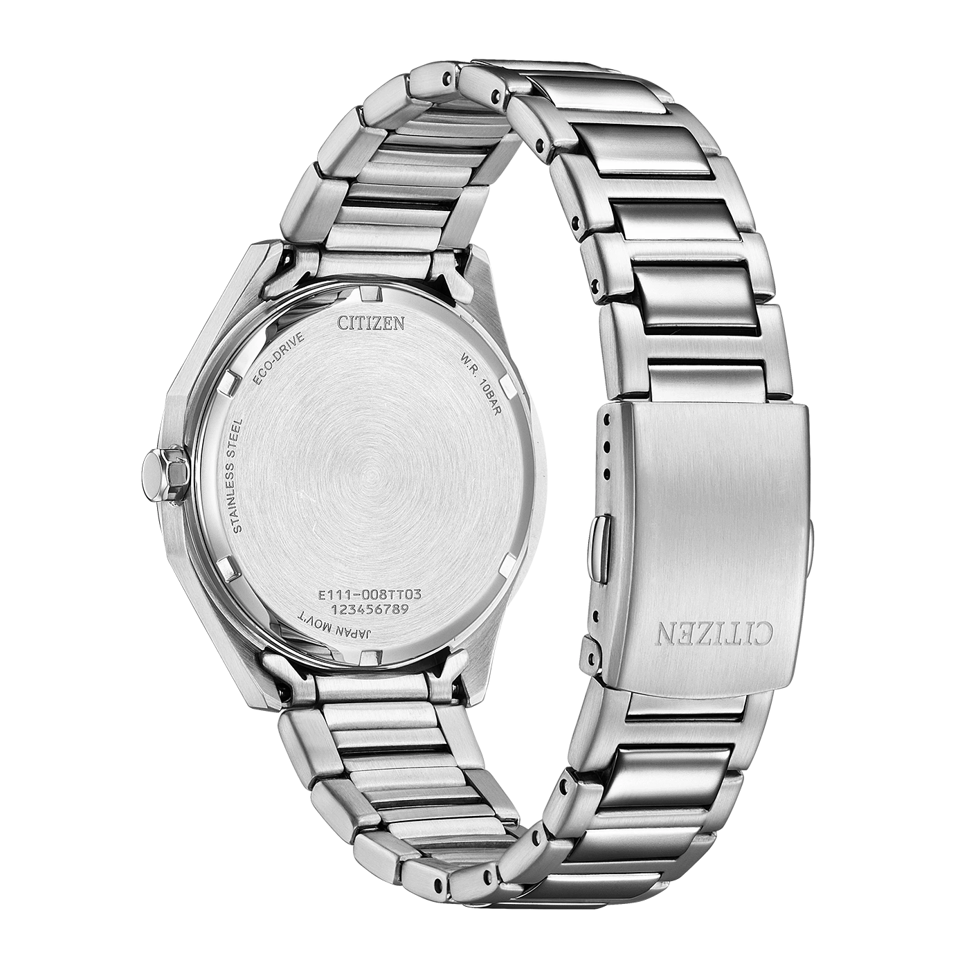 Rückseite einer Citizen Eco-Drive-Uhr aus Edelstahl mit der Modellnummer E111-008TT03.