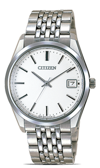 This image showcases a Citizen watch with a clean white dial, silver-toned case, and a multi-link metal bracelet. It features black baton hour markers, sleek hands, and a date window at 3 o'clock, all against a plain background.
