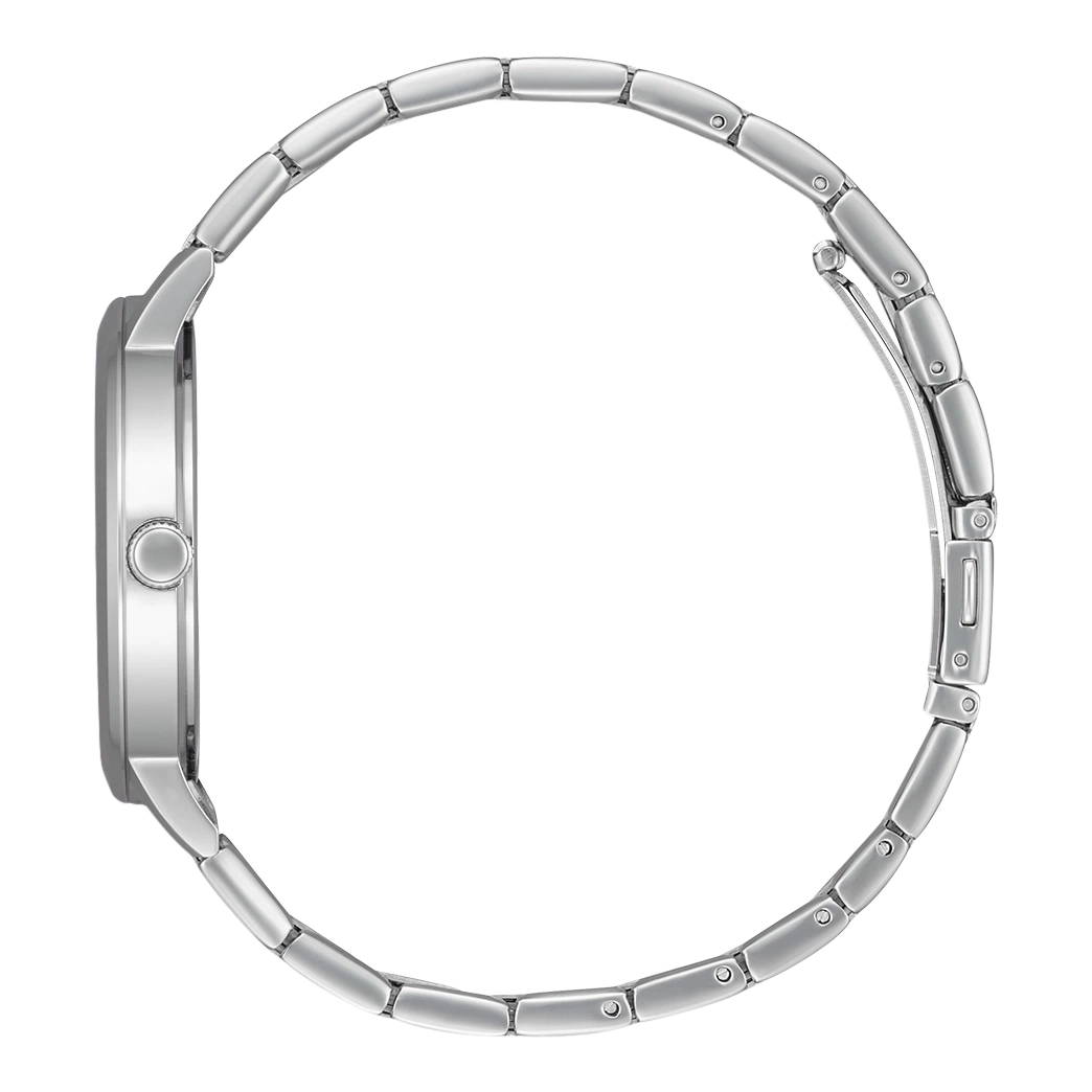 Silberne Uhr mit rundem Zifferblatt und Metallarmband, Seitenansicht.