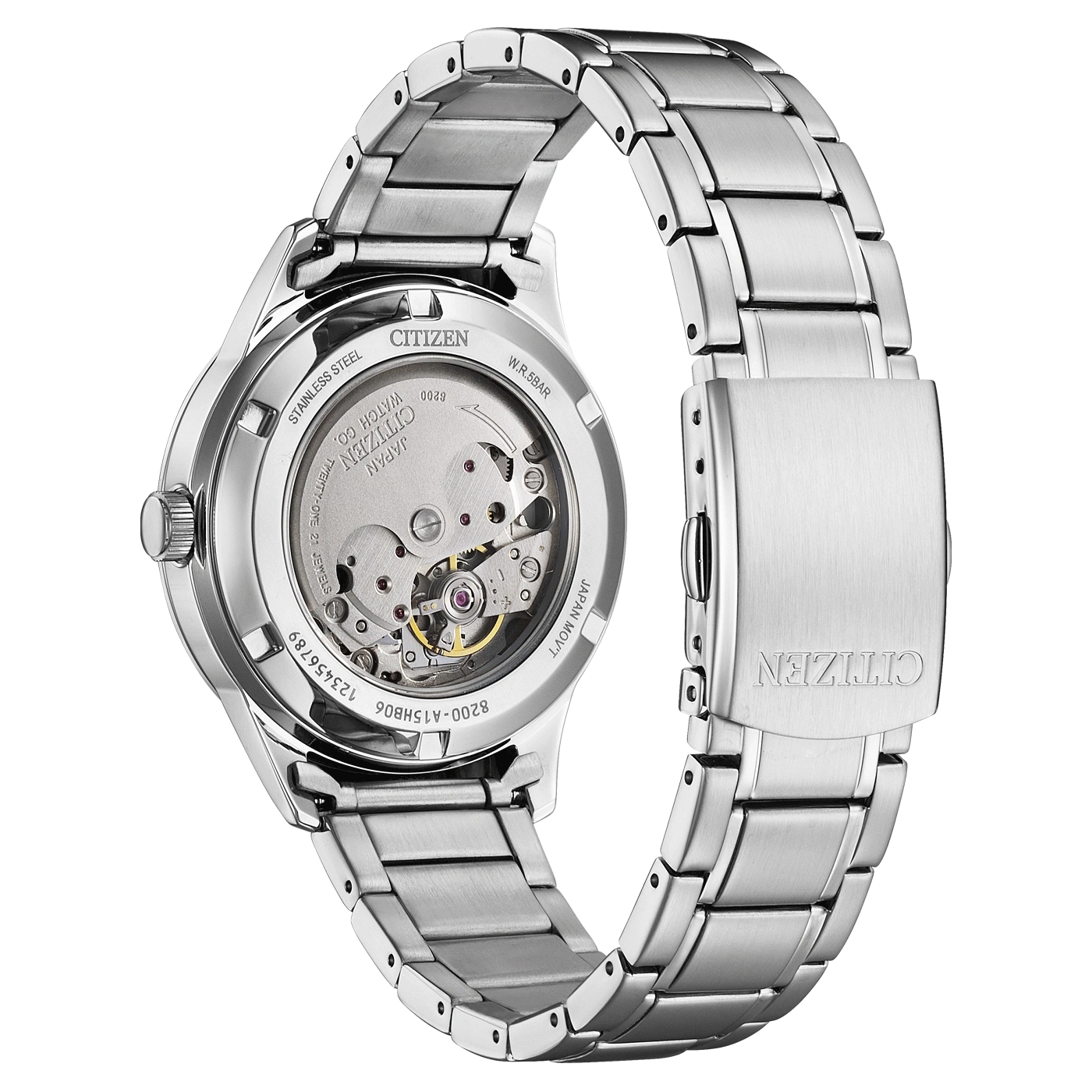 Citizen-Uhr mit Edelstahlarmband, sichtbarem Mechanismus und Markendetails.