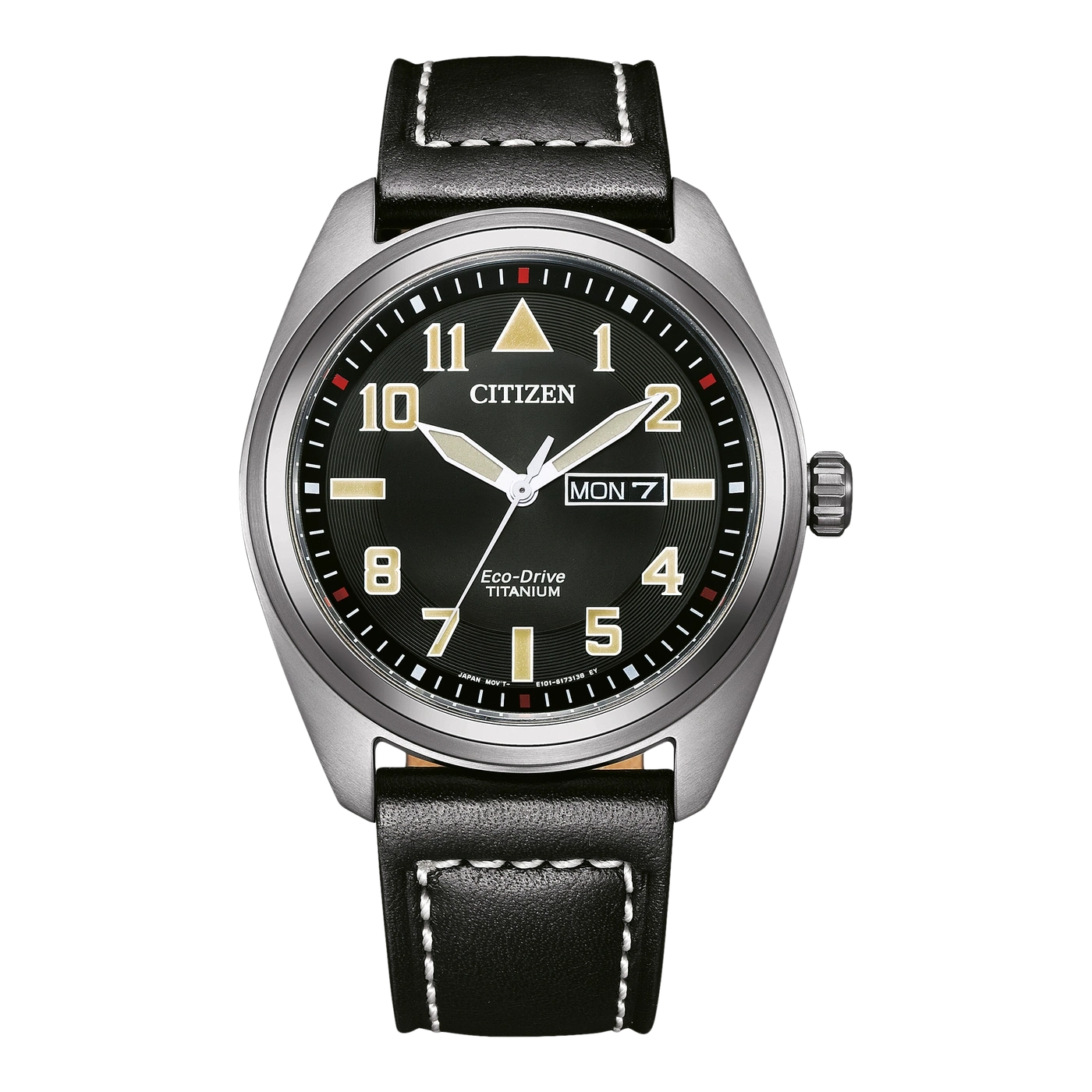 Citizen-Uhr mit schwarzem Zifferblatt, Lederarmband und Titangehäuse. Eco-Drive-Technologie.