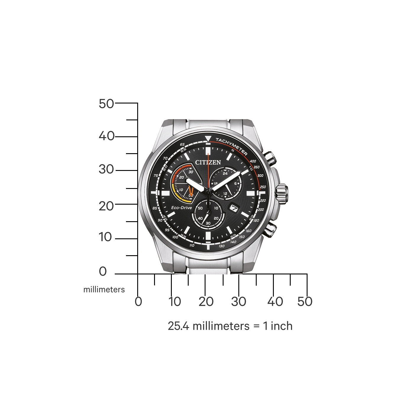Citizen-Uhr mit schwarzem Zifferblatt, silbernem Armband und Tachymeter-Markierungen.