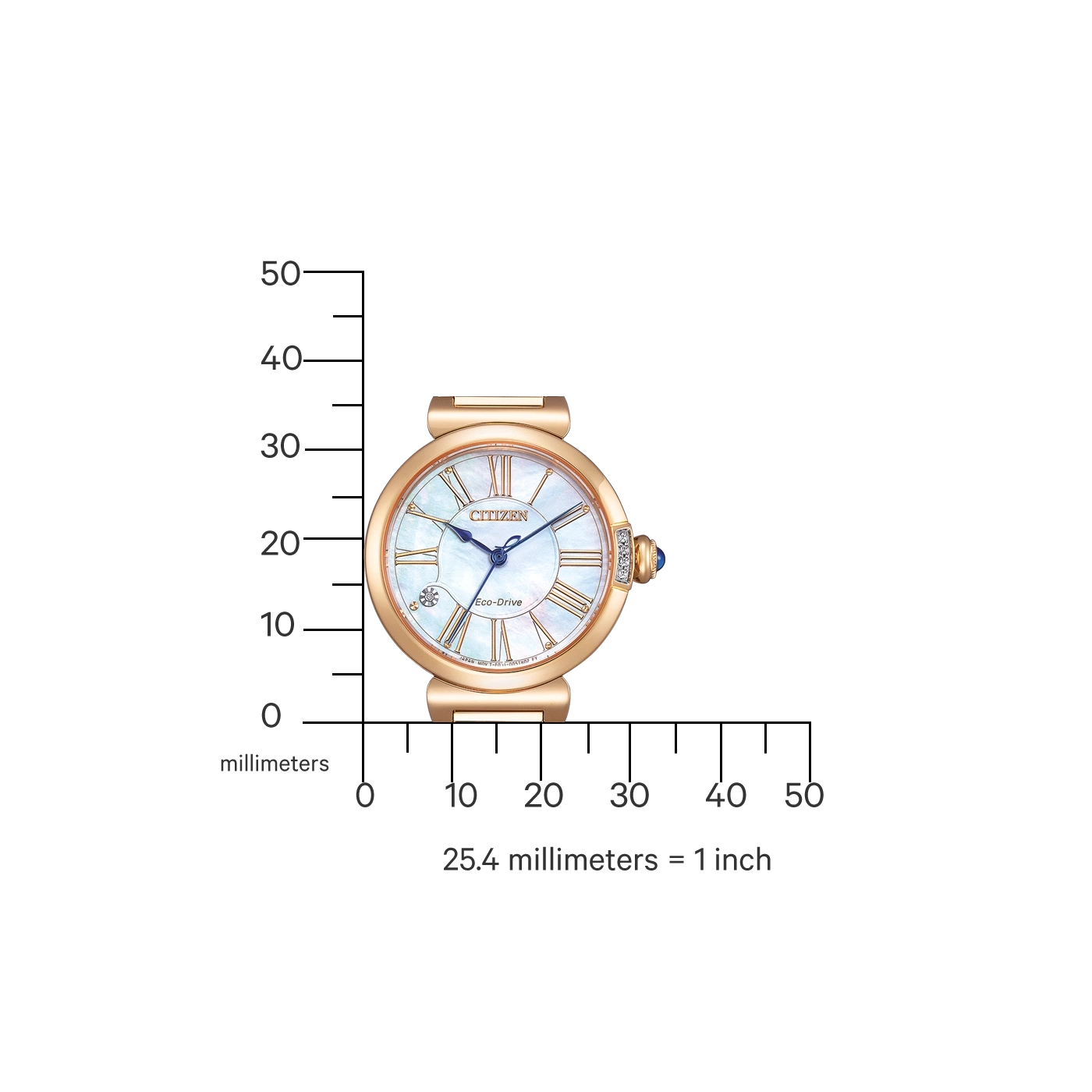 Citizen-Uhr mit Perlmuttzifferblatt und goldenem Armband, Eco-Drive-Technologie.