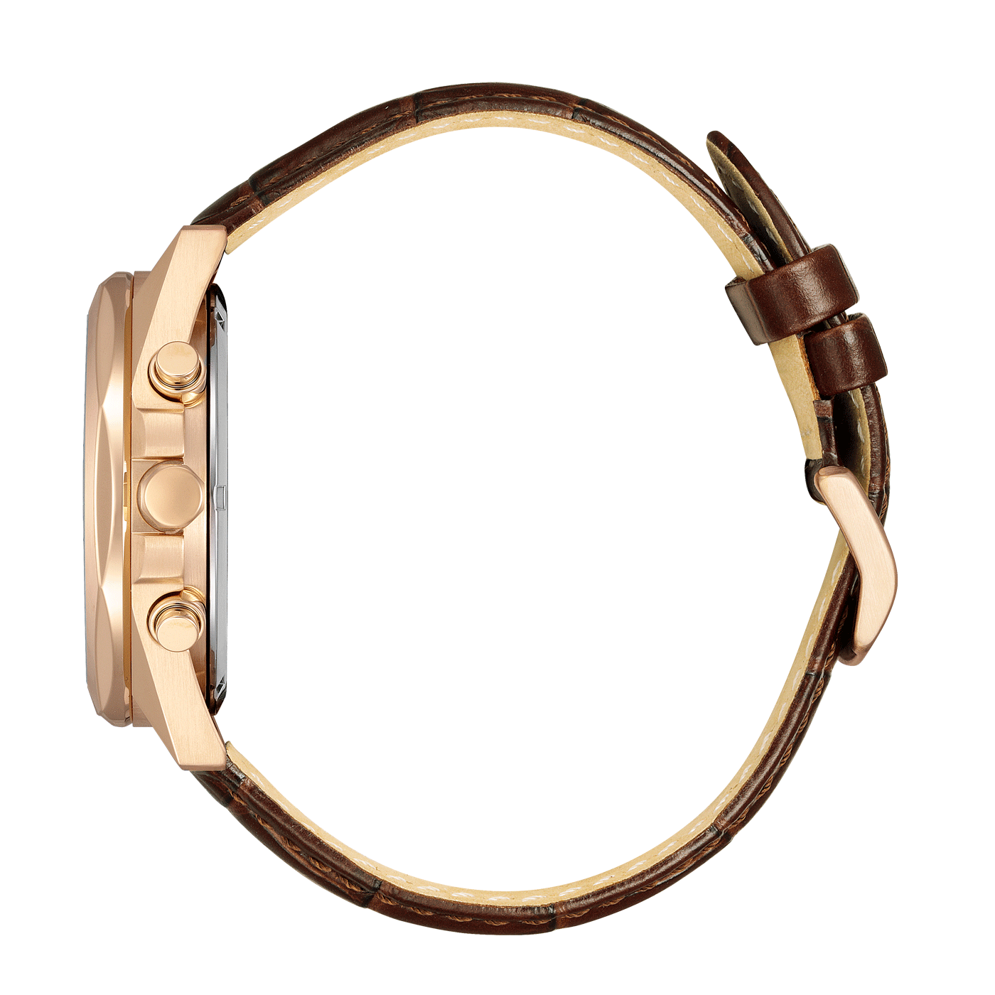 Seitenansicht einer goldenen Uhr mit braunem Lederarmband.