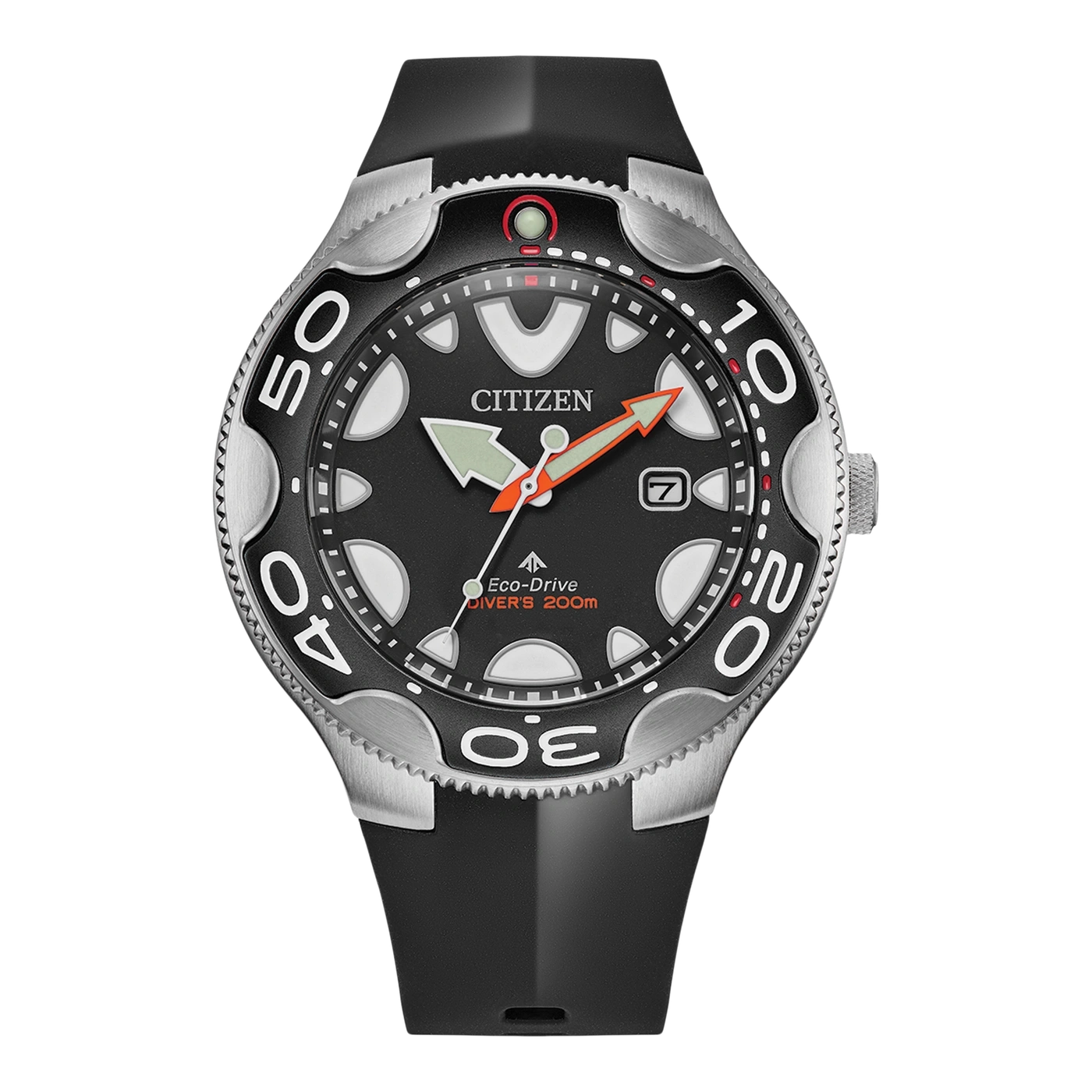 Citizen-Uhr mit schwarzem Zifferblatt, orangefarbenen und grünen Zeigern und schwarzem Armband.