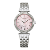 Citizen-Uhr mit rosa Zifferblatt und Diamantlünette, silbernes Armband