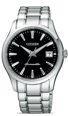 Citizen-Uhr mit schwarzem Zifferblatt und silbernem Armband, elegantes Design.