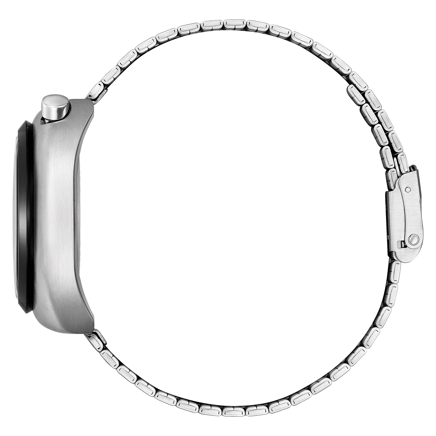 Seitenansicht einer silbernen Uhr mit Metallarmband.