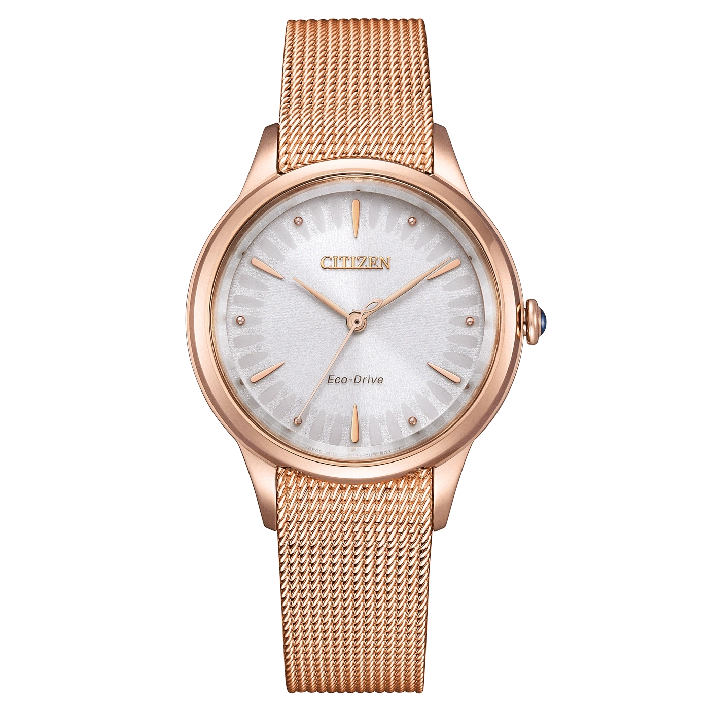 Roségoldene Citizen-Uhr mit weißem Zifferblatt und Mesh-Armband.