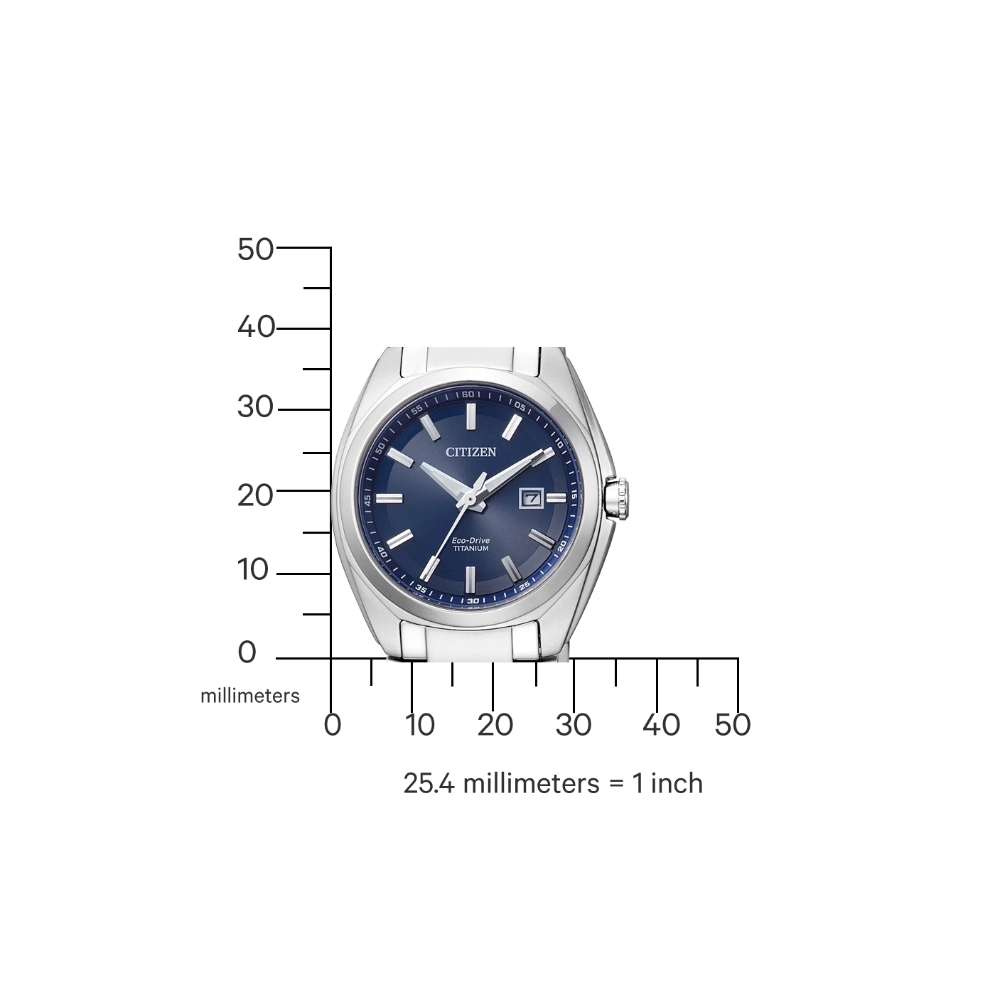 Citizen-Uhr mit blauem Zifferblatt, Titan und Millimeterskala zum Größenvergleich.
