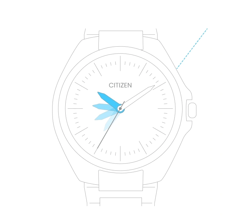 Citizen-Uhr mit blauen Zeigern, die die Zeit anzeigen, minimalistisches Design, weißer Hintergrund