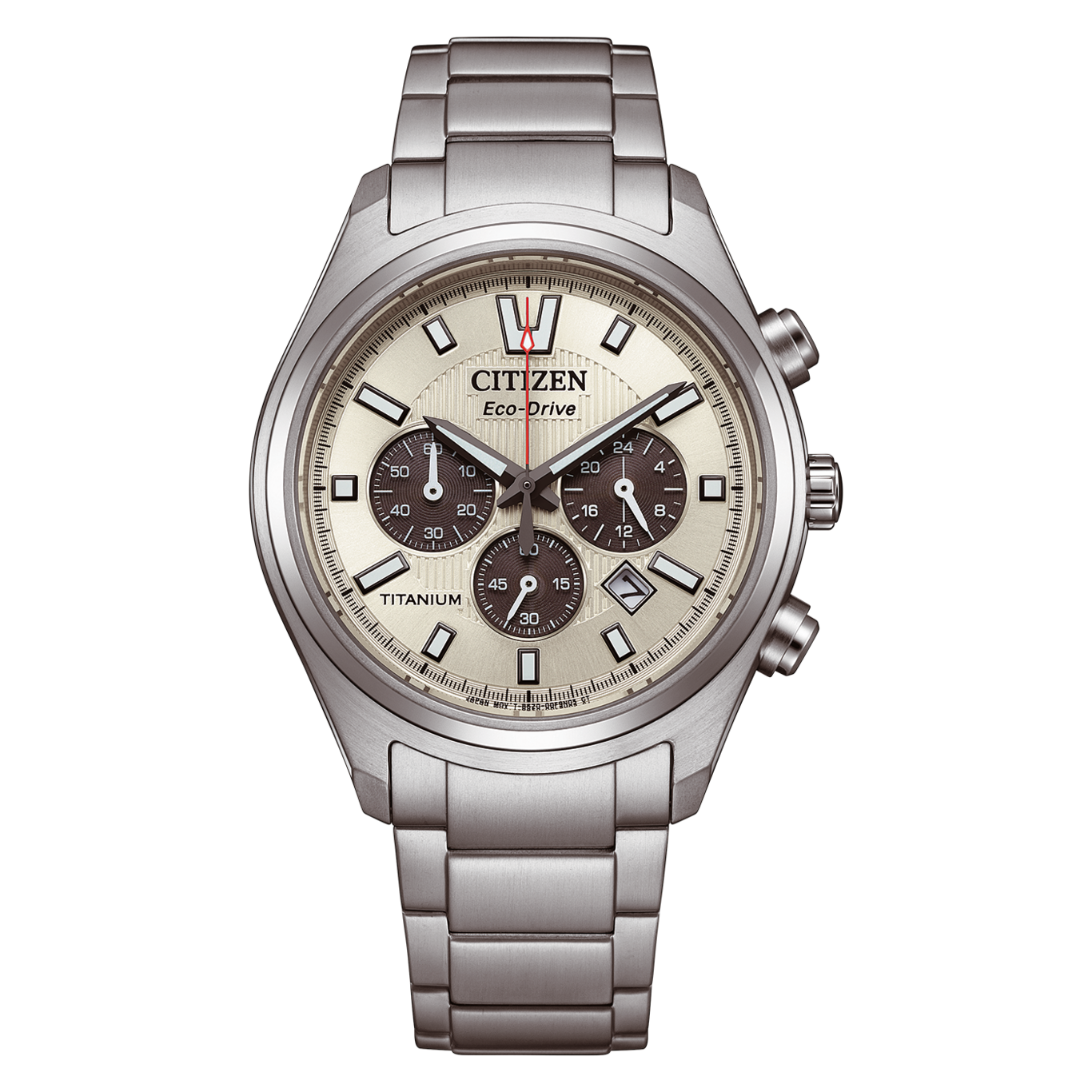 Eine Citizen Eco-Drive Titan-Chronographenuhr mit champagnerfarbenem Zifferblatt und silbernem Band.