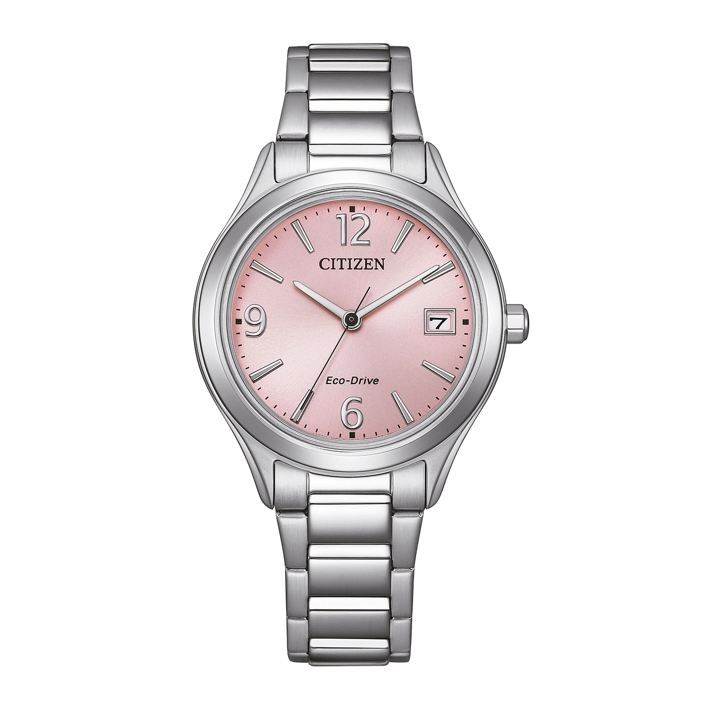 Eine silberne Citizen Eco-Drive Uhr mit pinkem Zifferblatt und Datumsanzeige.