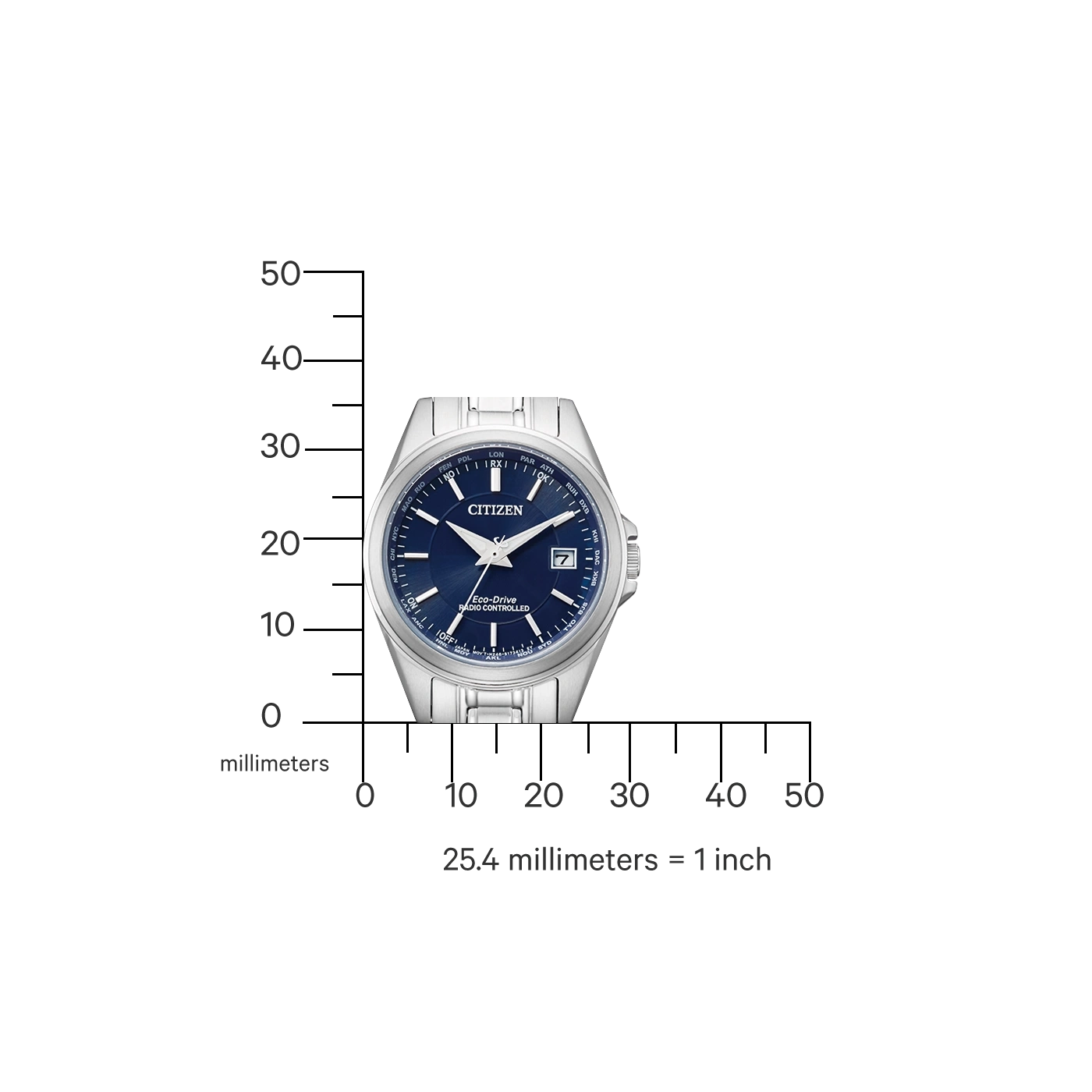 Citizen-Uhr mit blauem Zifferblatt, silbernem Armband und Maßstab in Millimetern.