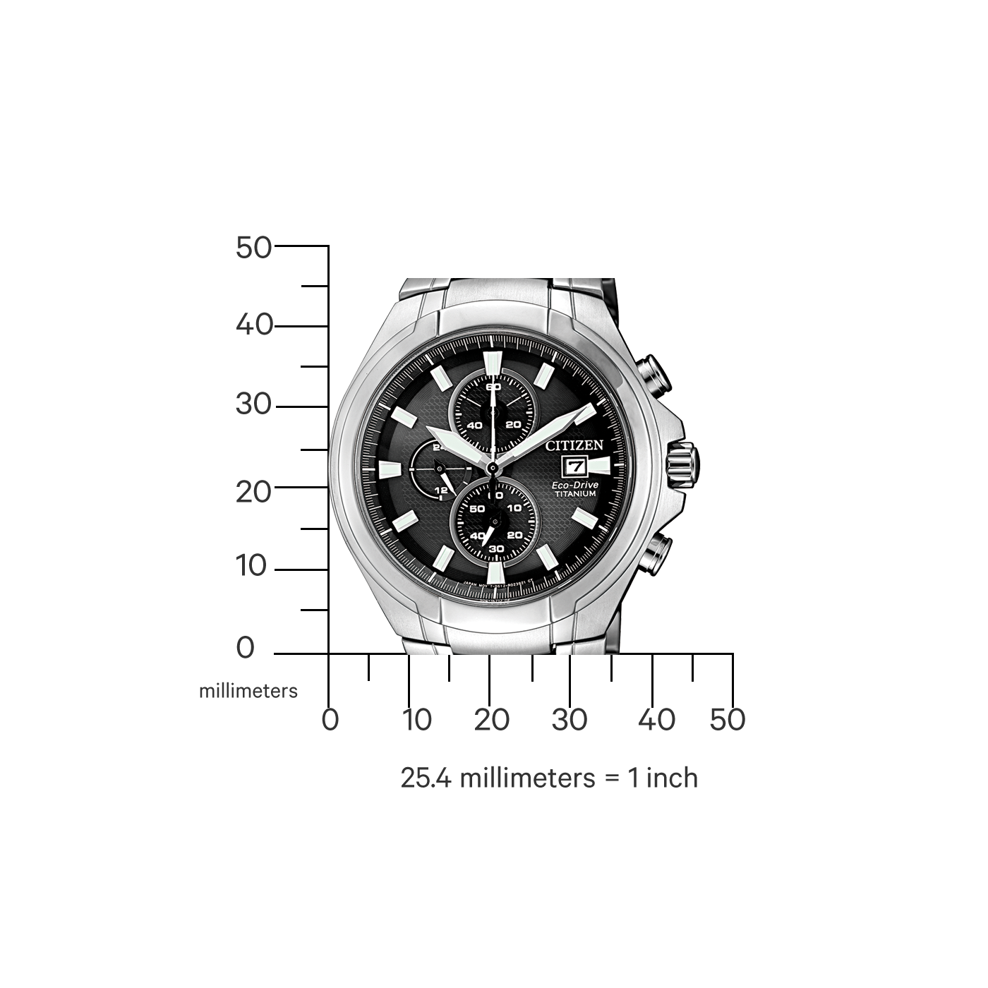 Citizen-Uhr mit schwarzem Zifferblatt und Titan Eco-Drive, Messung in Millimetern.