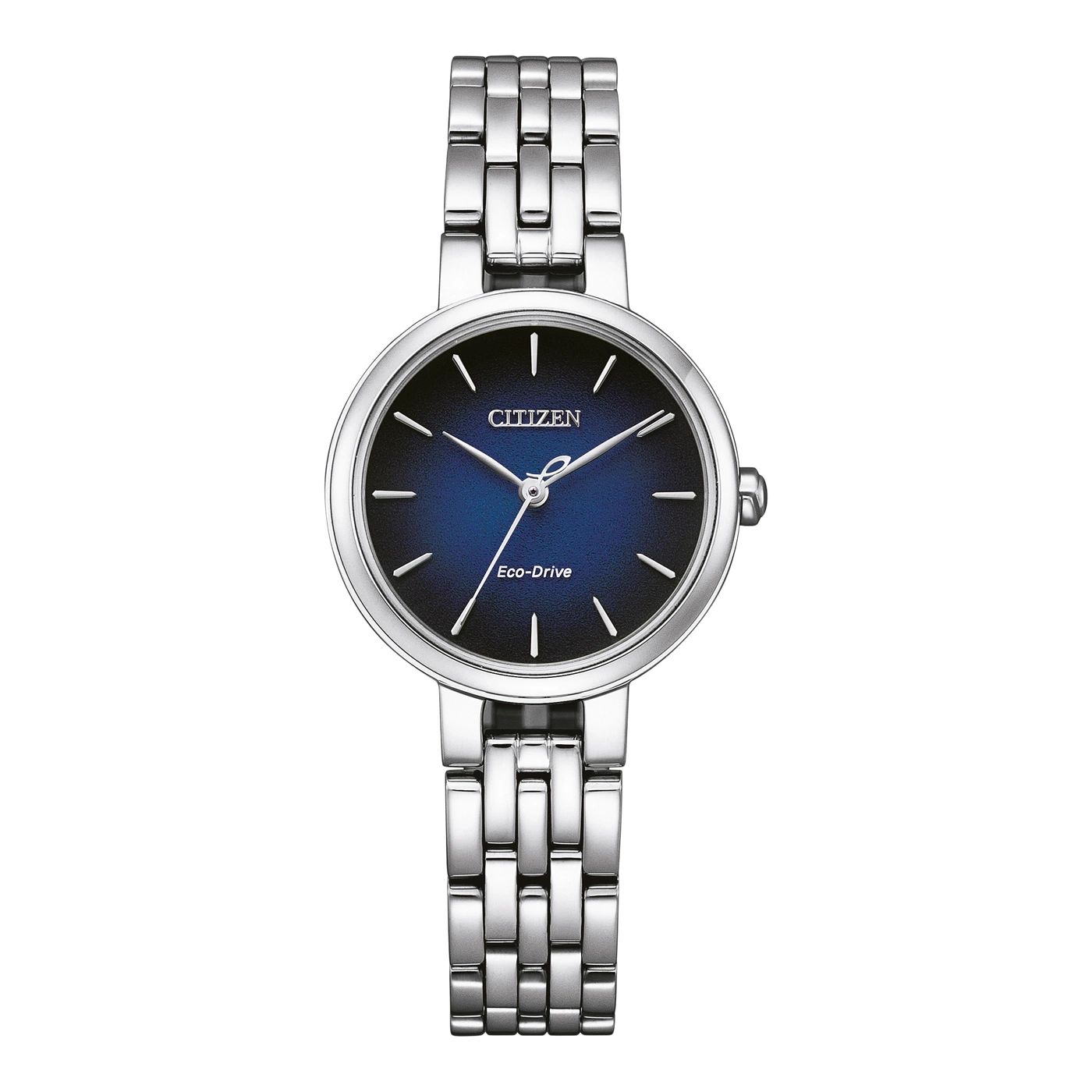 Citizen-Uhr mit blauem Zifferblatt und silbernem Armband, Eco-Drive-Technologie.