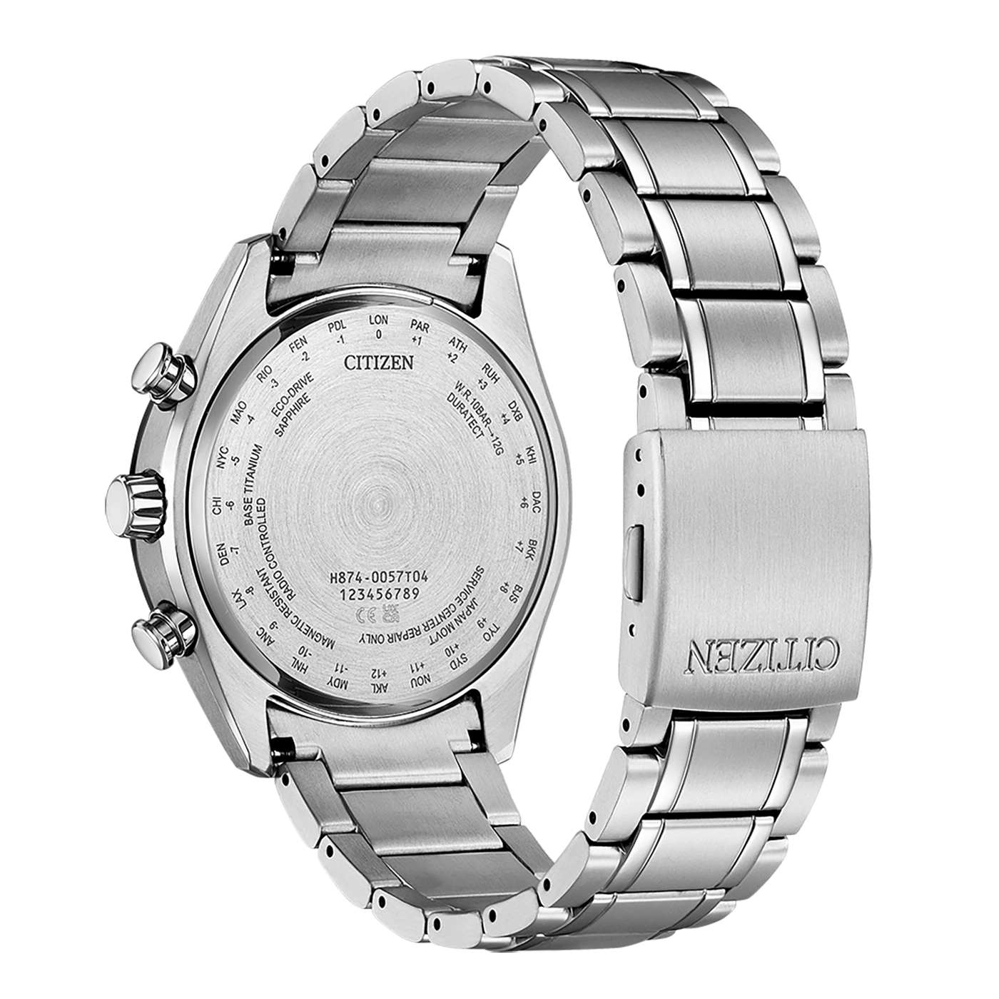 Rückseite einer Citizen-Uhr mit Zeitzonen, Modellnummer und Funktionen.
